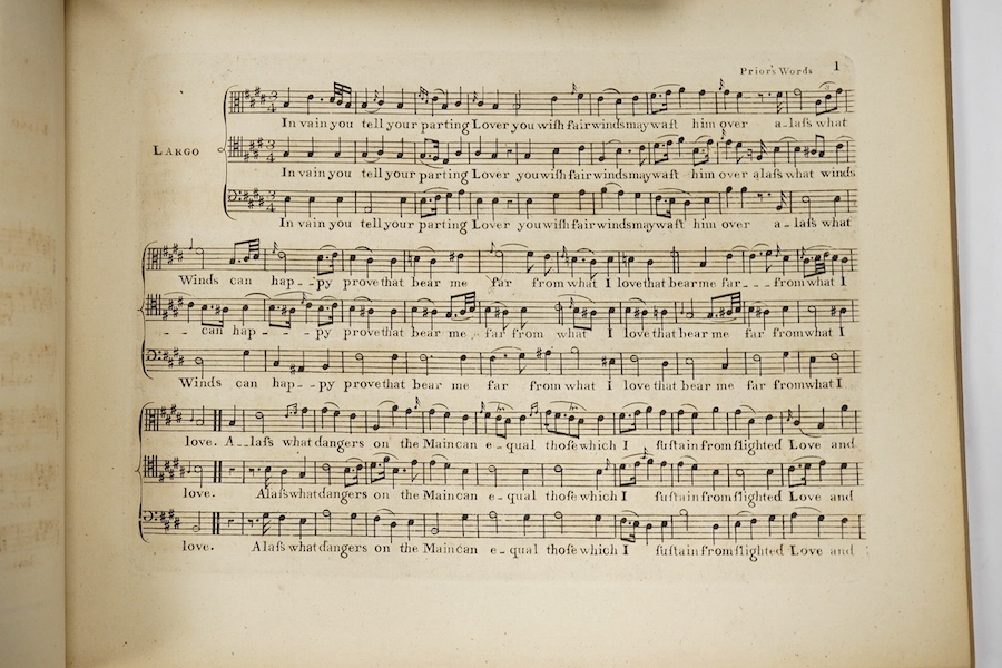 Apollonian Harmony: a collection of celebrated glees, catches, madrigals ... vols. II, III, IV and VI; engraved titles and frontispieces; contemp. calf backed marbled boards, 4to. printed for S.A. and P. Thompson, (ca.17